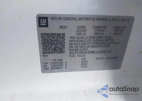 2019 GMC Sierra 1500 Slt z USA, uszkodzony, nr VIN 3GTU9DED9KG255772